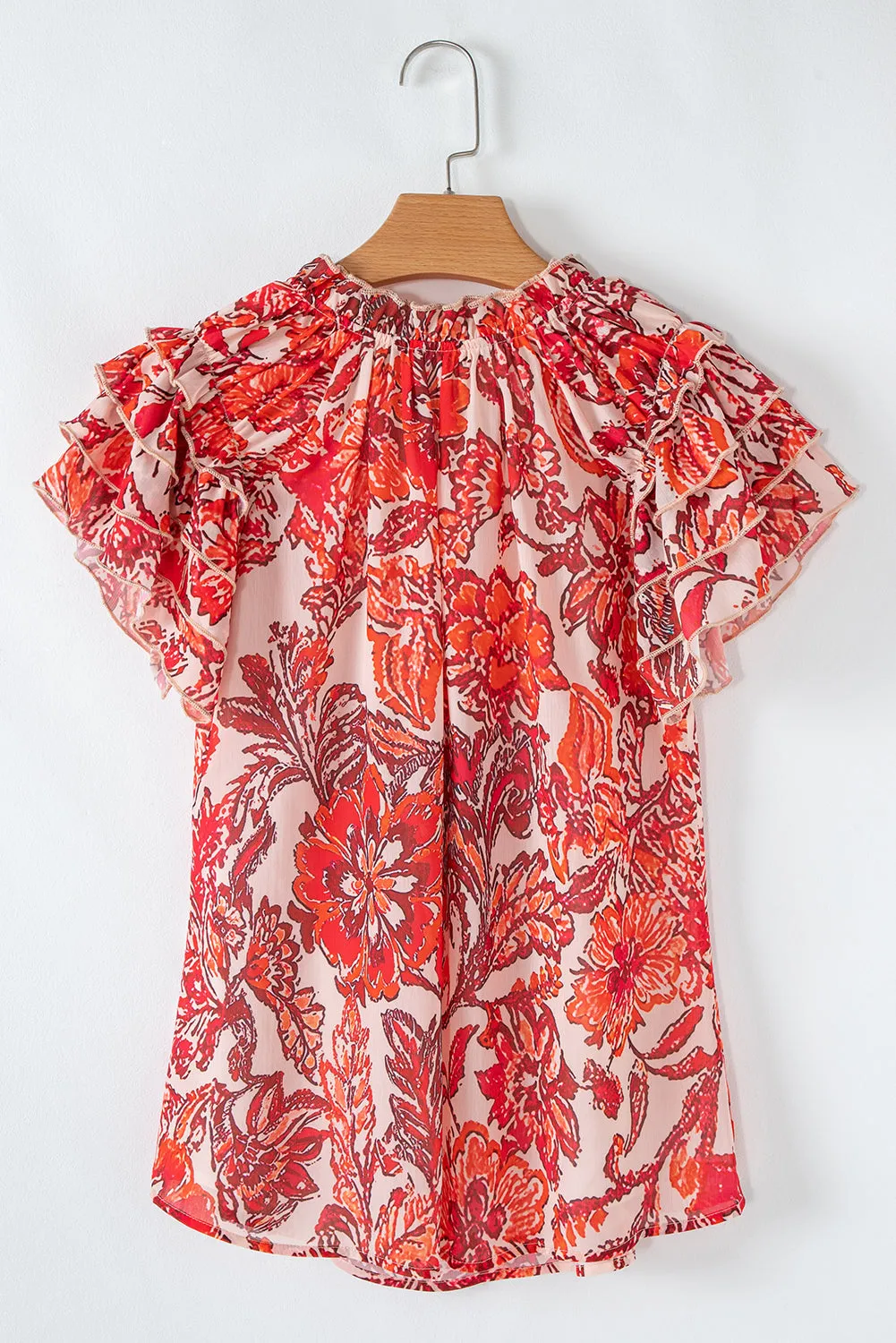 Red Vintage Floral Ruffle Sleeve V Neck Blouse sold by Beagle Boutique product image thumbnail 5