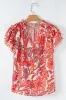 Red Vintage Floral Ruffle Sleeve V Neck Blouse sold by Beagle Boutique