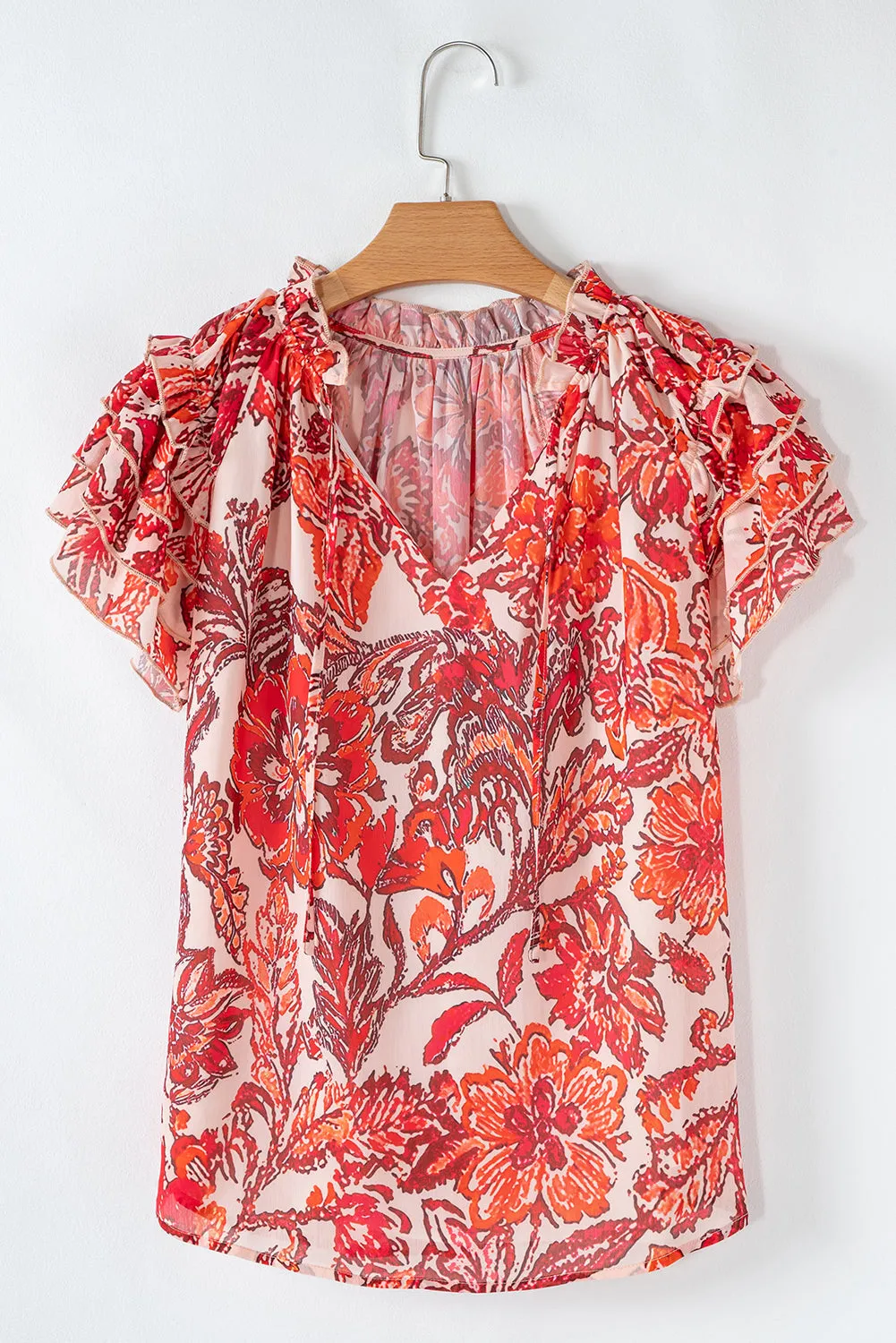 Red Vintage Floral Ruffle Sleeve V Neck Blouse sold by Beagle Boutique product image thumbnail 4