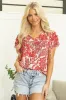 Red Vintage Floral Ruffle Sleeve V Neck Blouse sold by Beagle Boutique