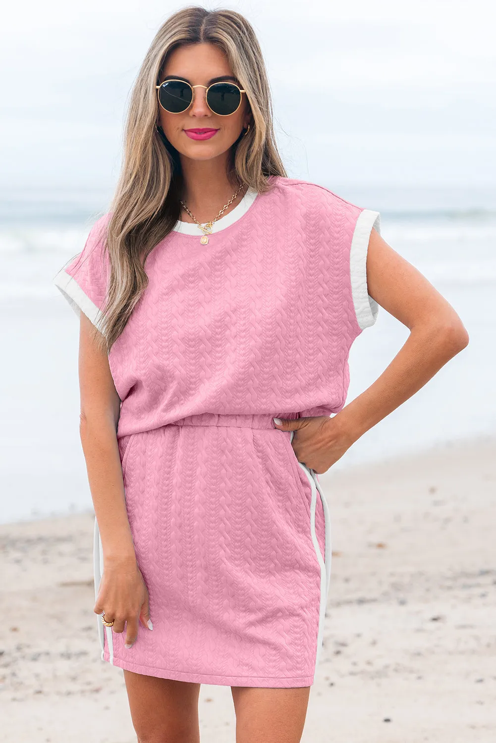 Pink Contrast Trim Textured Crewneck Tee and Pocketed Skirt Co-ord Set sold by Beagle Boutique product image thumbnail 4