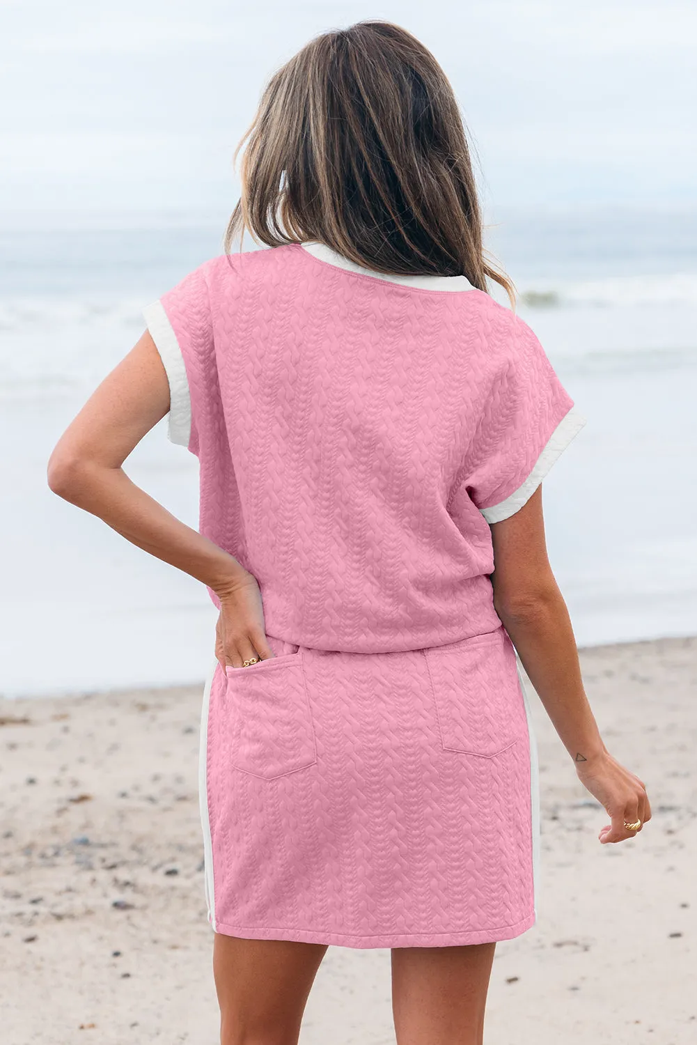 Pink Contrast Trim Textured Crewneck Tee and Pocketed Skirt Co-ord Set sold by Beagle Boutique product image thumbnail 2