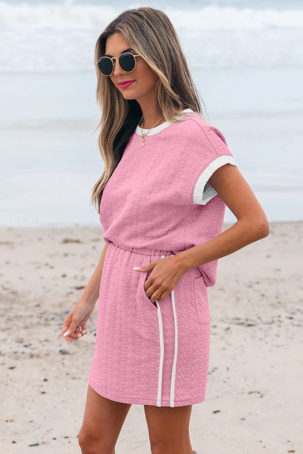 Pink Contrast Trim Textured Crewneck Tee and Pocketed Skirt Co-ord Set sold by Beagle Boutique product image thumbnail 3