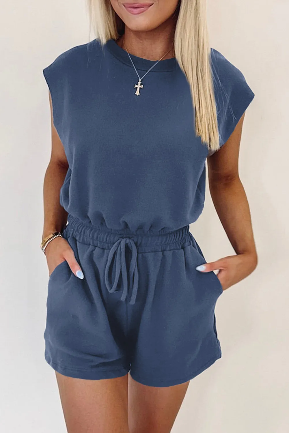 Ashleigh Blue Knit Open Back Cap Sleeve Drawstring Romper sold by Beagle Boutique product image thumbnail 3