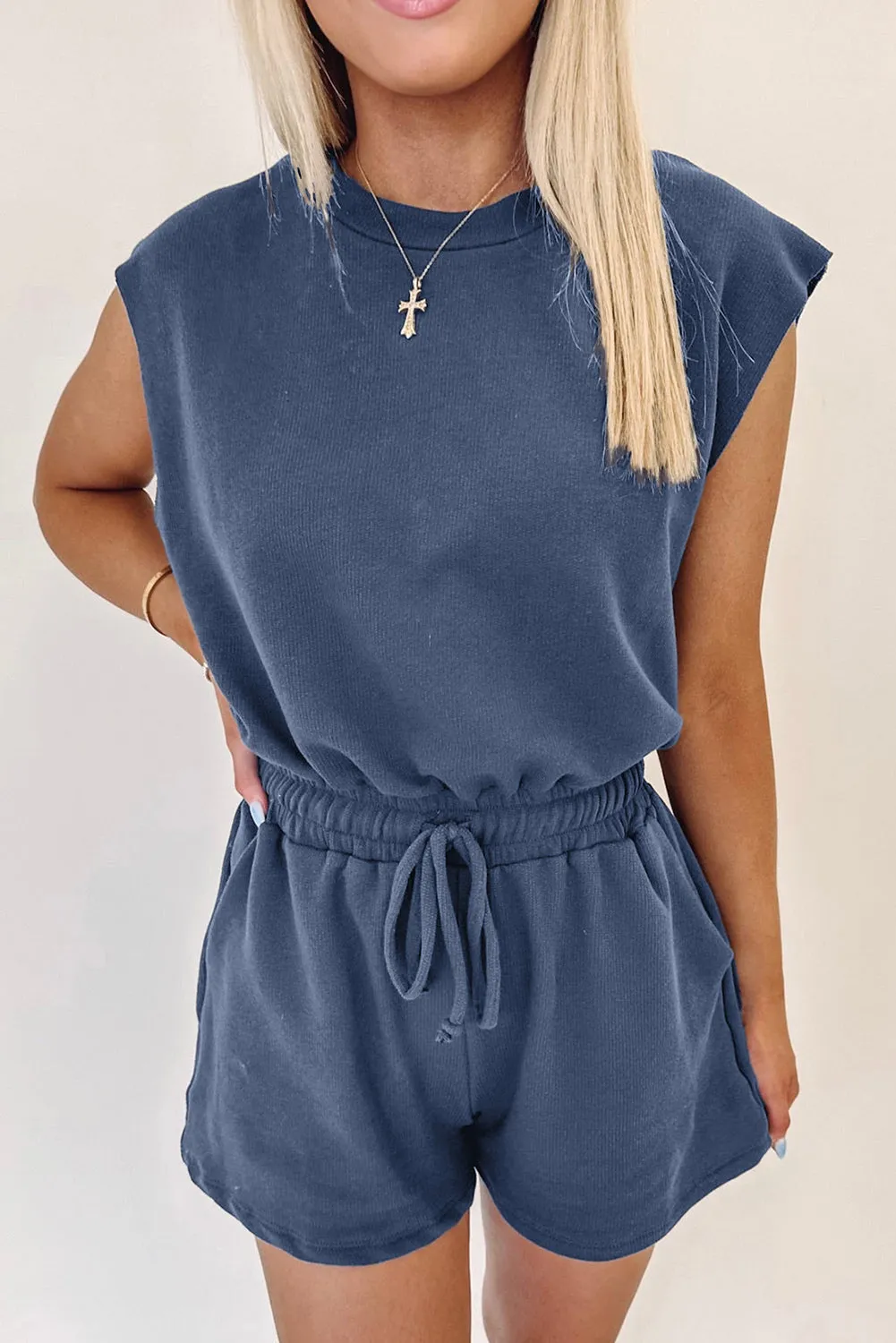 Ashleigh Blue Knit Open Back Cap Sleeve Drawstring Romper sold by Beagle Boutique