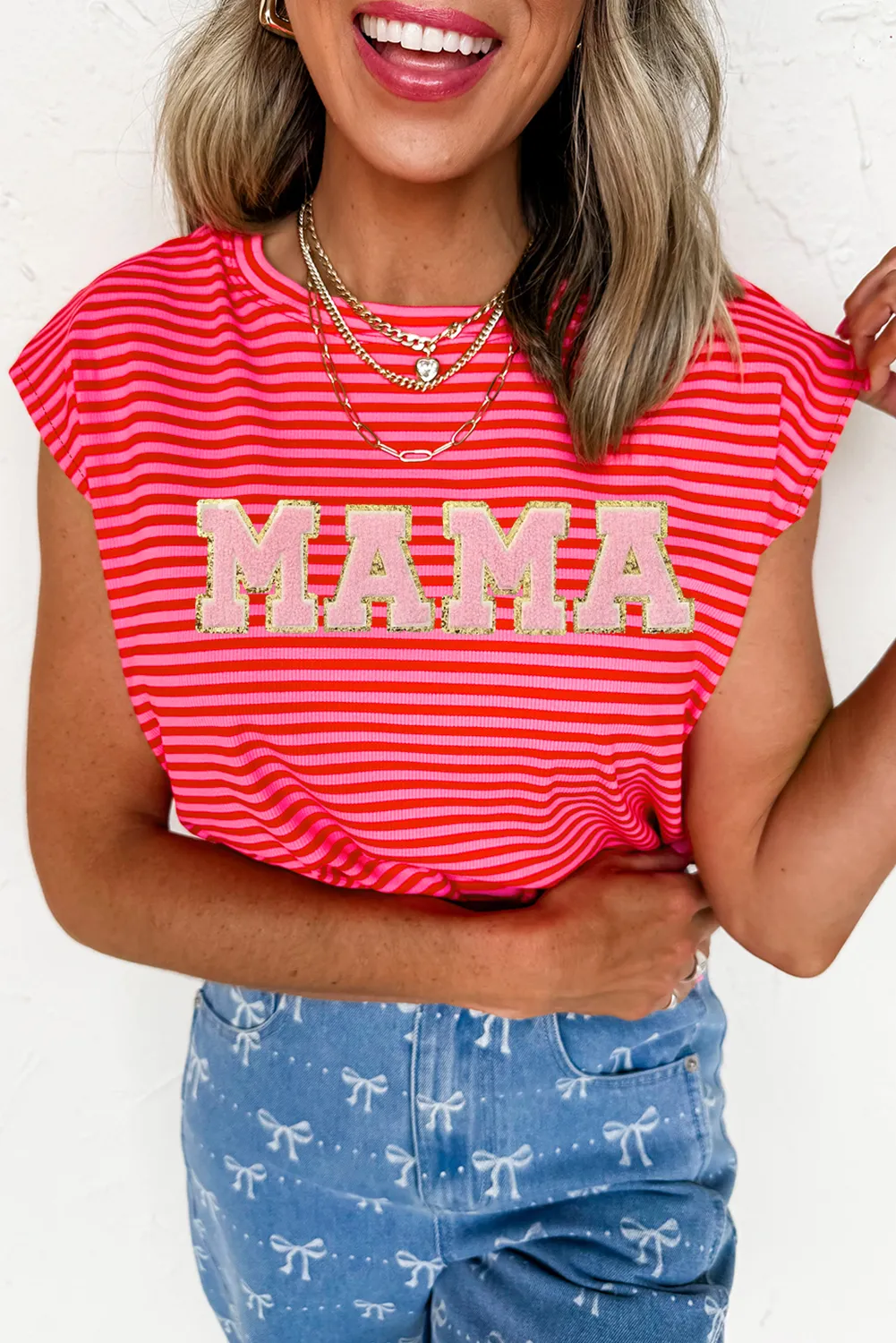 Red Stripe MAMA Graphic Cap Sleeve T Shirt sold by Beagle Boutique