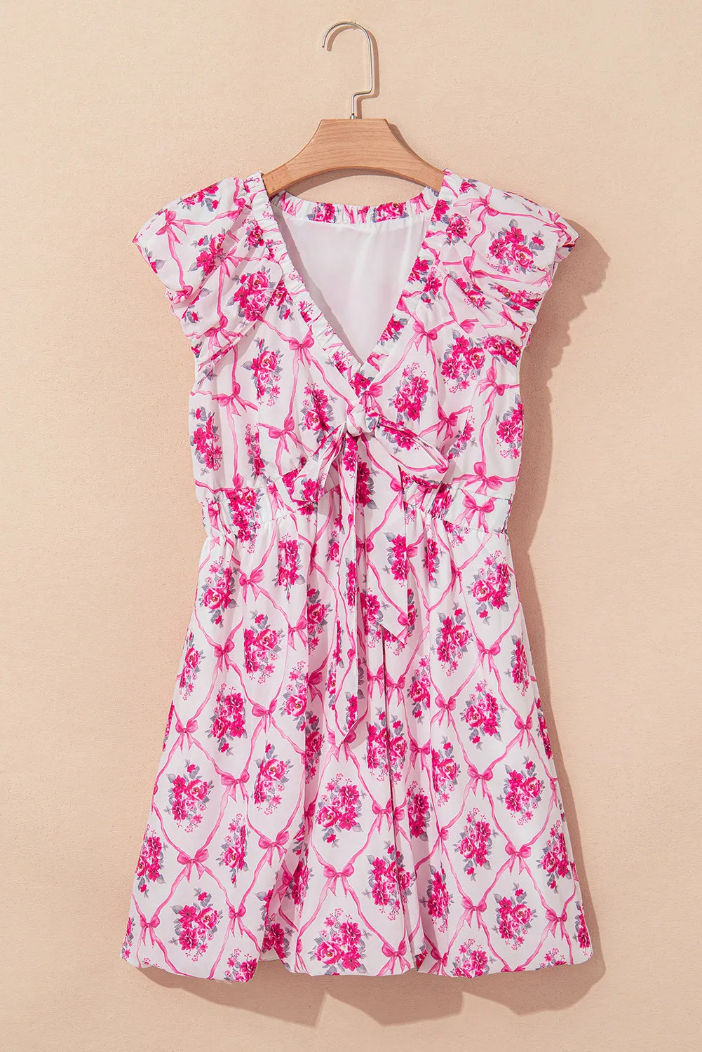 Multicolour Bow Lattice Floral Print V Neck Knot Decor Mini Dress sold by Beagle Boutique product image thumbnail 3