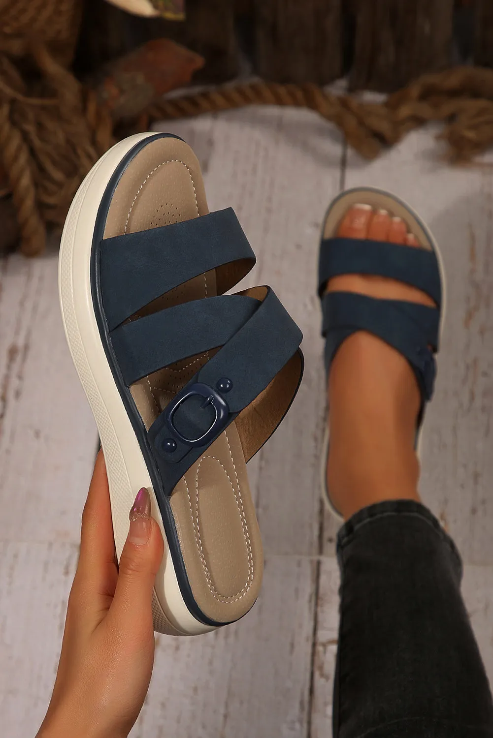 Blue Criss Cross PU Leather Flat Sandals sold by Beagle Boutique