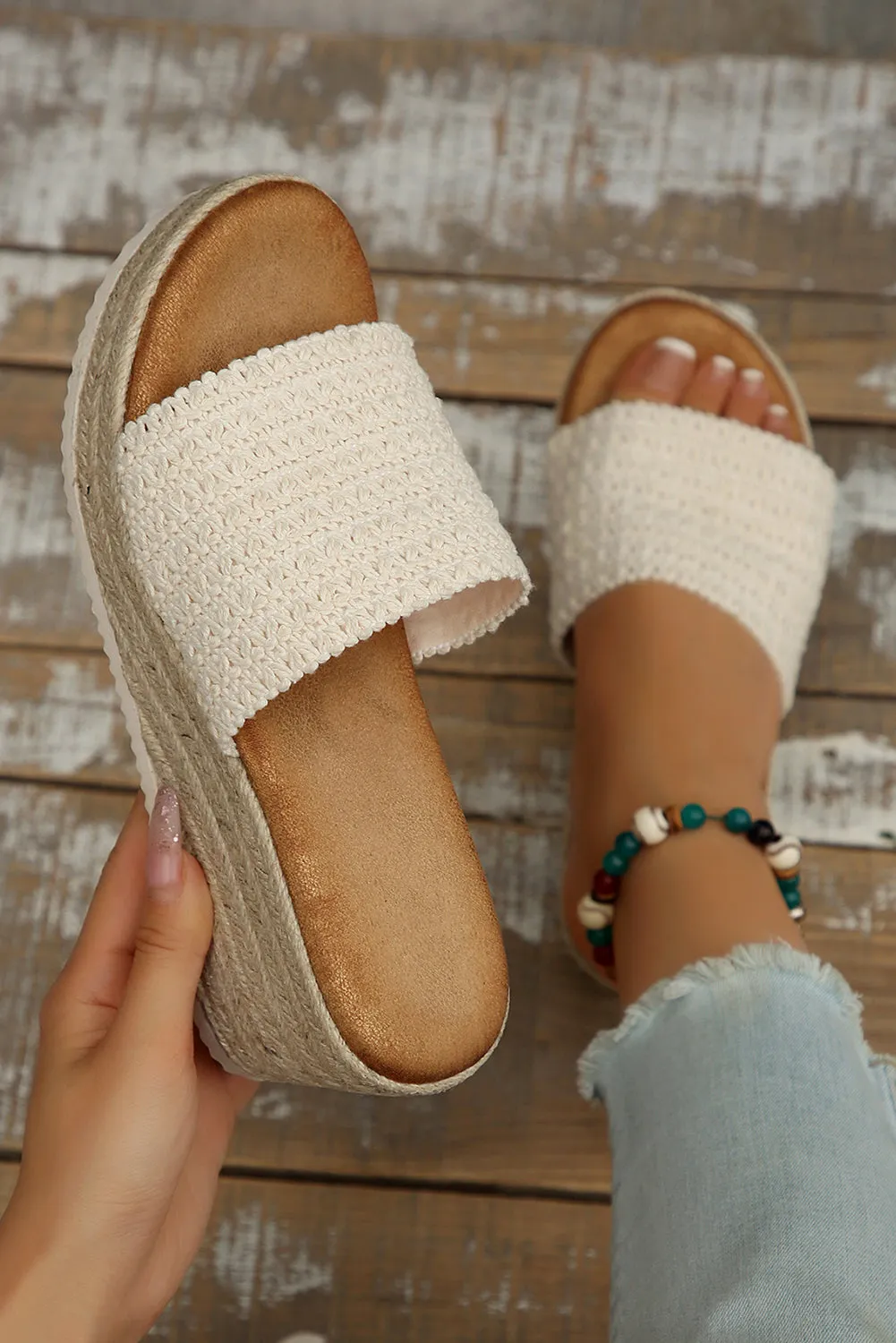 White Boho Woven One Band Wedge Sandals sold by Beagle Boutique