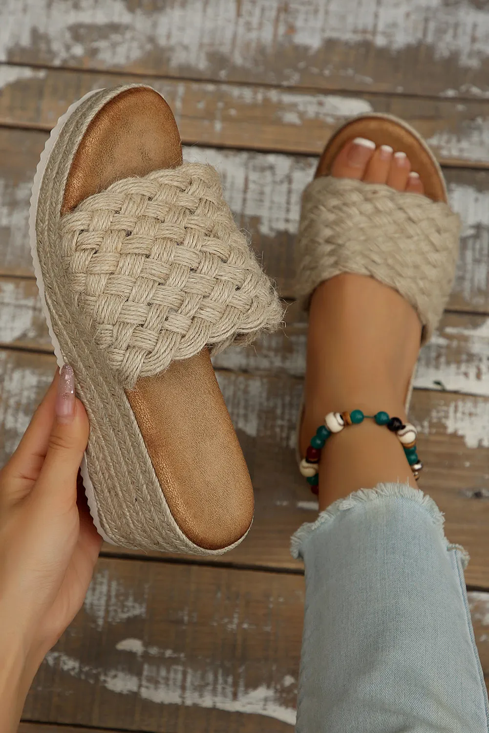 White Boho Woven One Band Wedge Sandals sold by Beagle Boutique product image thumbnail 5
