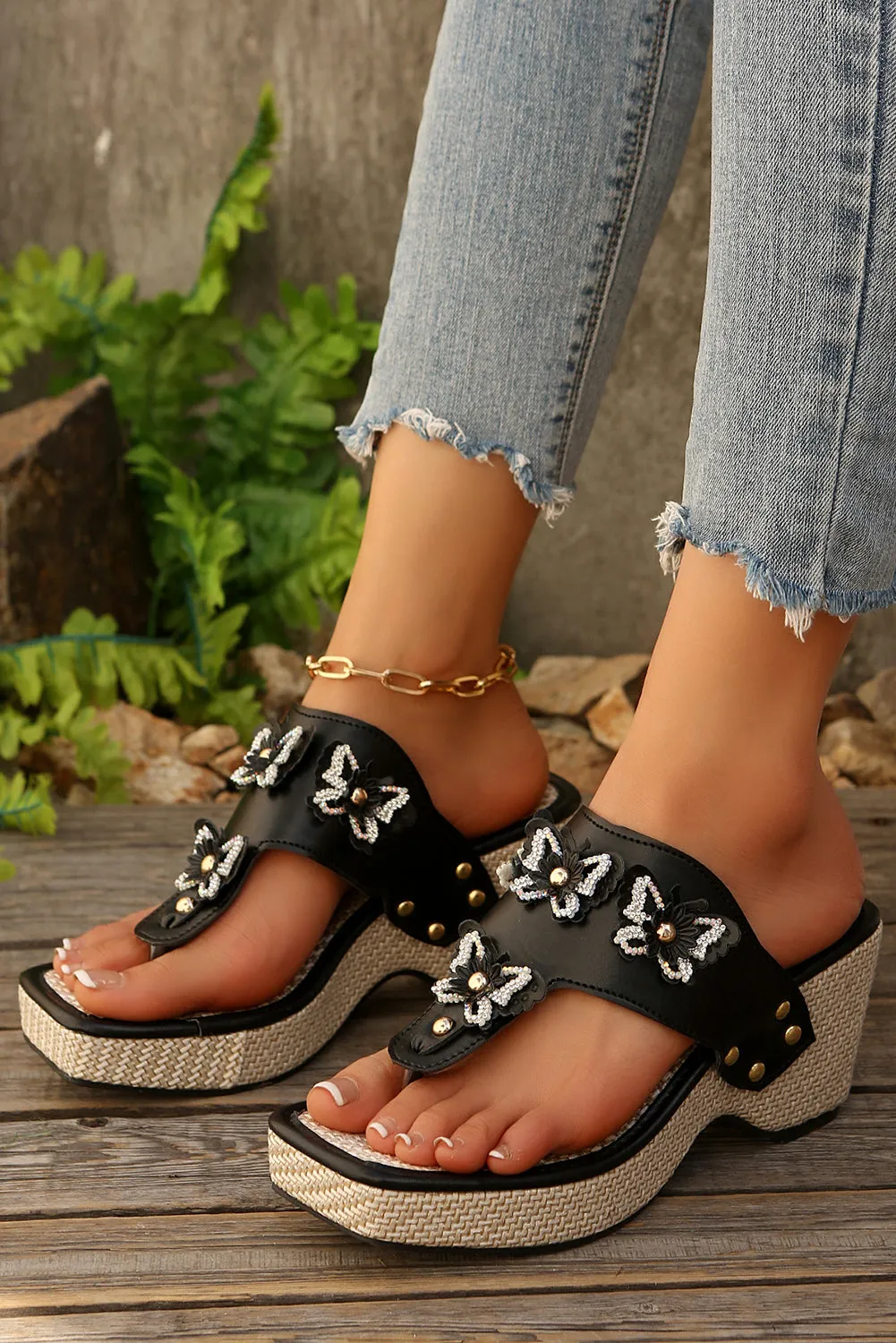 Black Rhinestone Butterfly Wedge Sandals sold by Beagle Boutique product image thumbnail 4