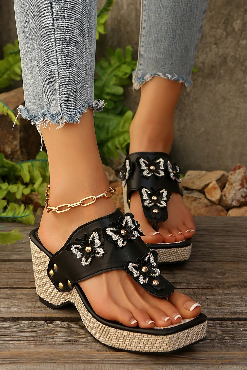 Black Rhinestone Butterfly Wedge Sandals sold by Beagle Boutique
