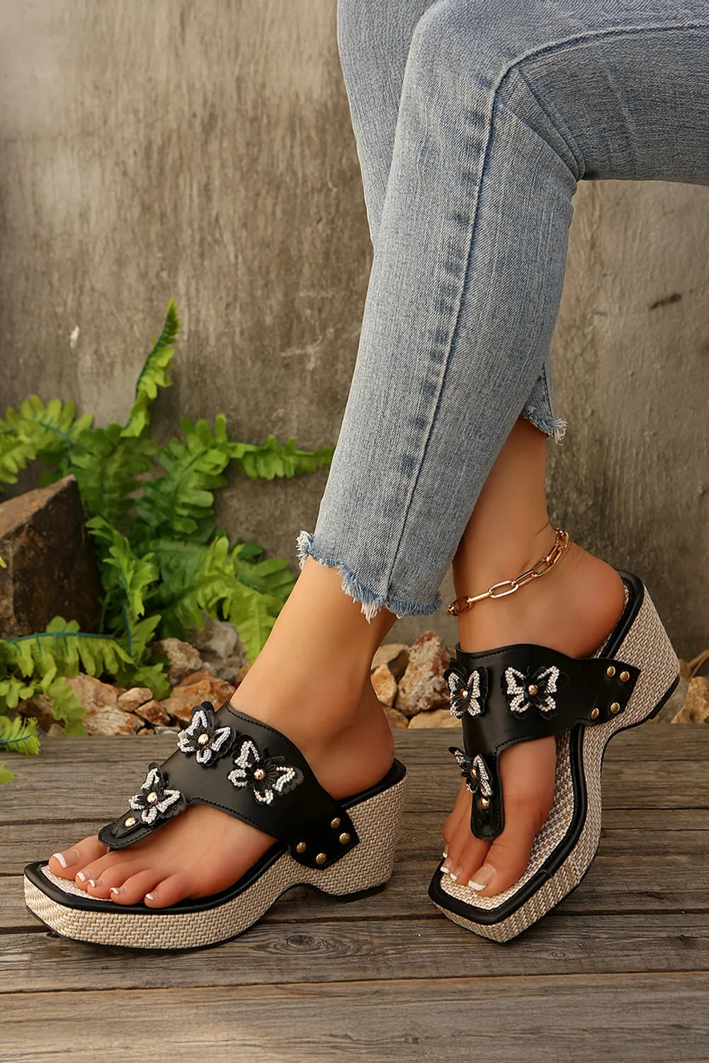 Black Rhinestone Butterfly Wedge Sandals sold by Beagle Boutique product image thumbnail 3