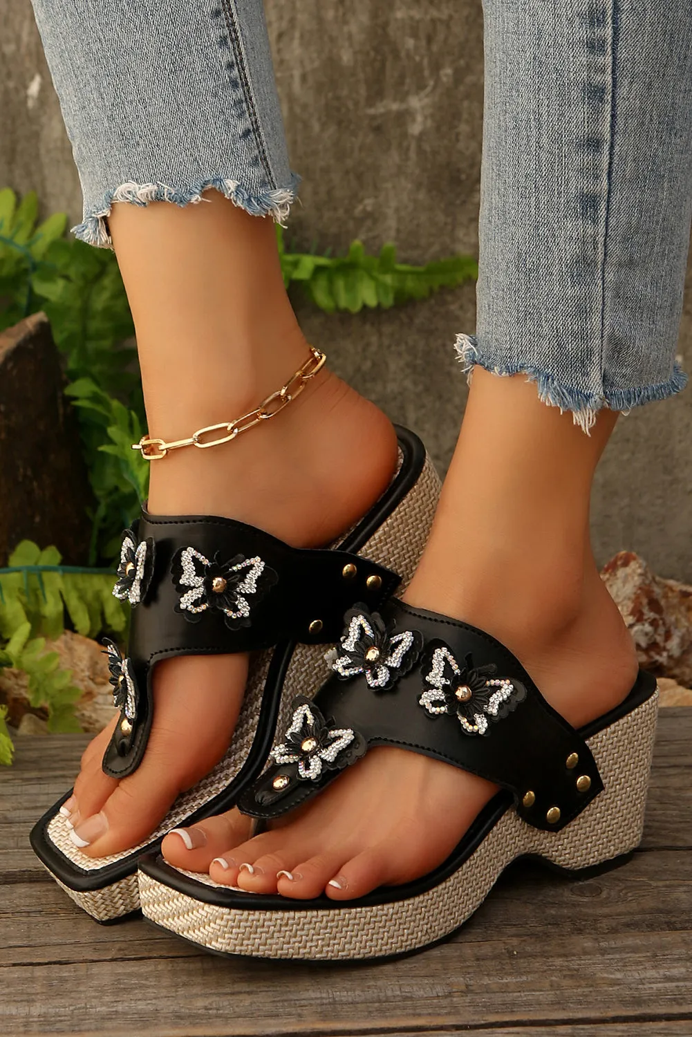 Black Rhinestone Butterfly Wedge Sandals sold by Beagle Boutique product image thumbnail 2