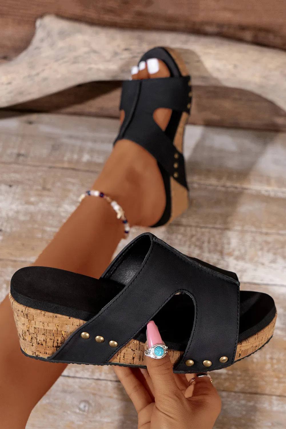 Black Cut Out Rivet Slip-on Wedge Sandals sold by Beagle Boutique