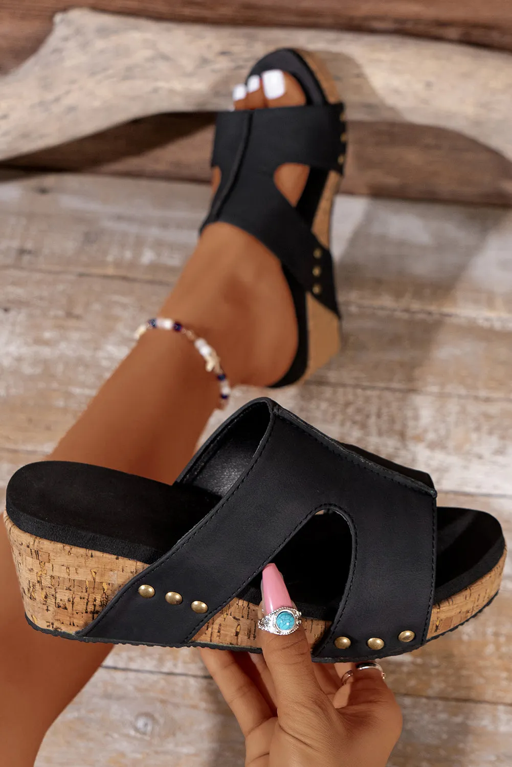 Black Cut Out Rivet Slip-on Wedge Sandals sold by Beagle Boutique product image thumbnail 5