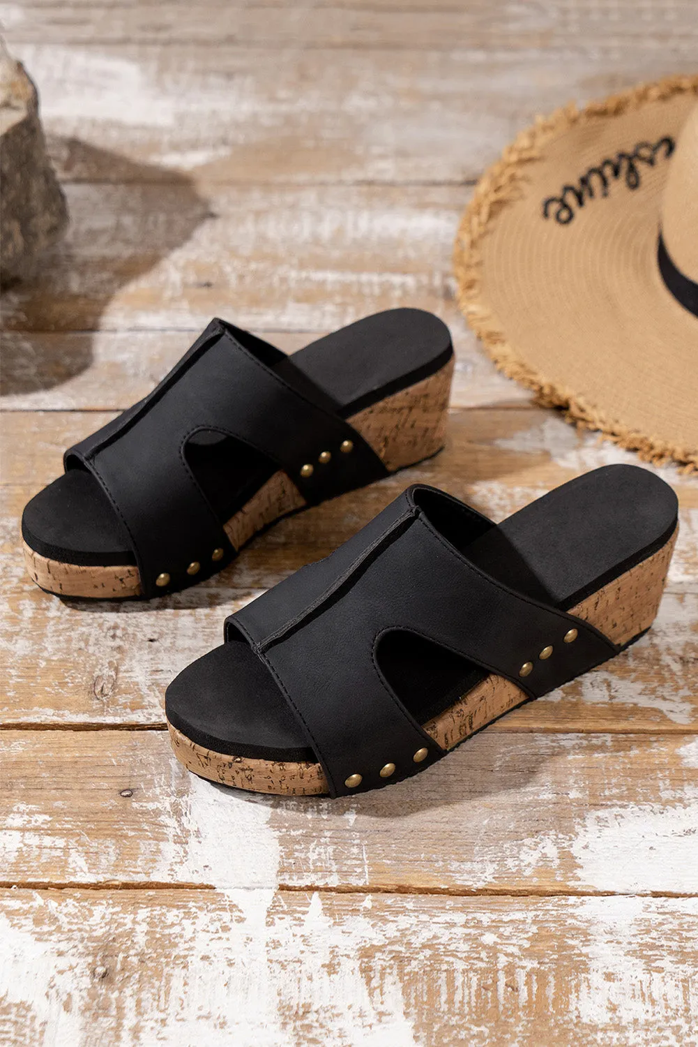Black Cut Out Rivet Slip-on Wedge Sandals sold by Beagle Boutique product image thumbnail 3