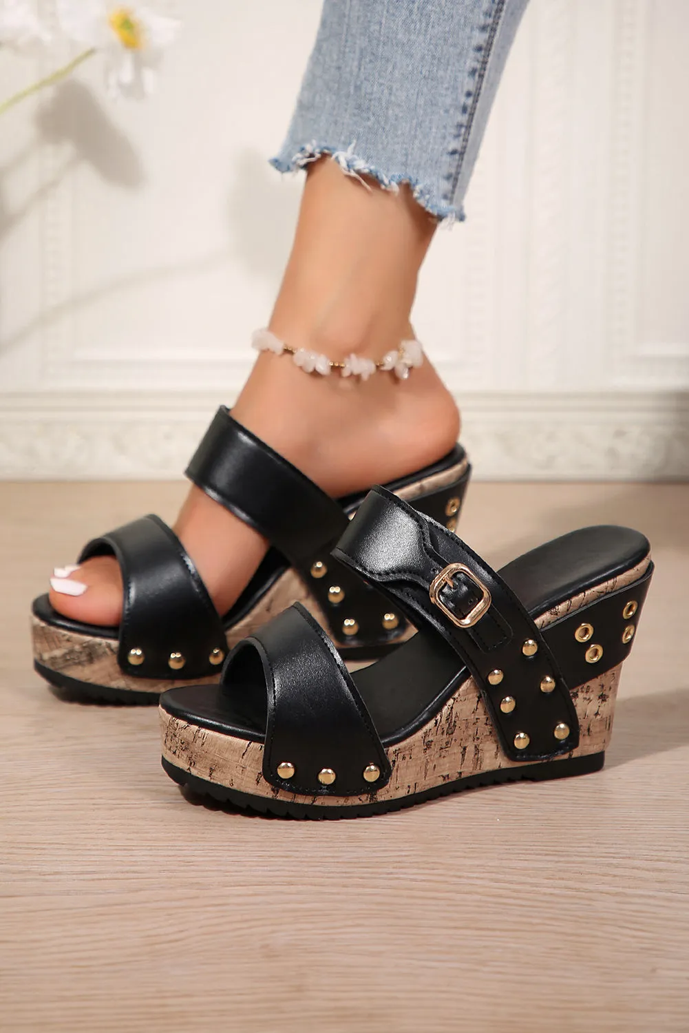 Black Dual Strap Rivet Studded Wedge Sandals sold by Beagle Boutique product image thumbnail 5