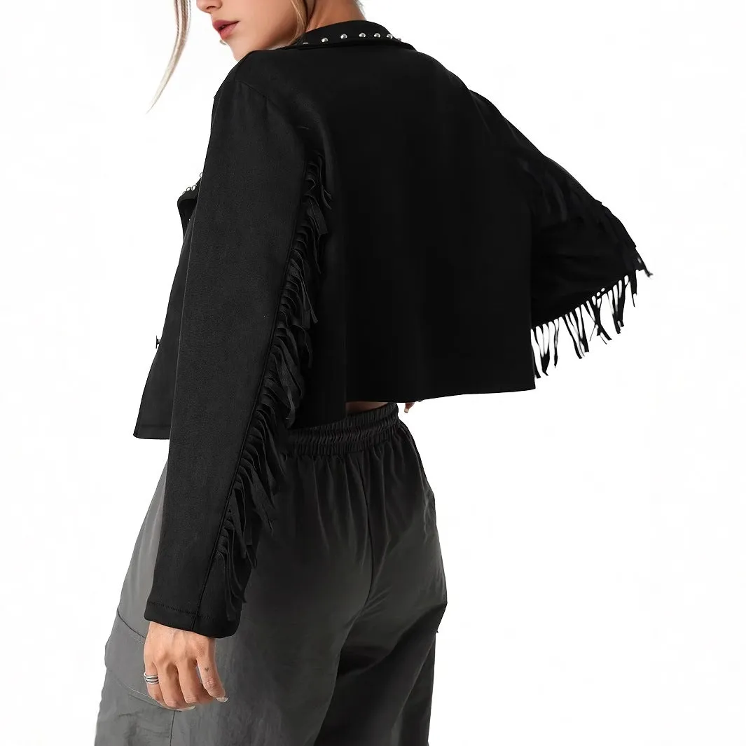 Western Denim Style Suede Fringe Imitation Rivet Women's Short Jacket sold by Beagle Boutique