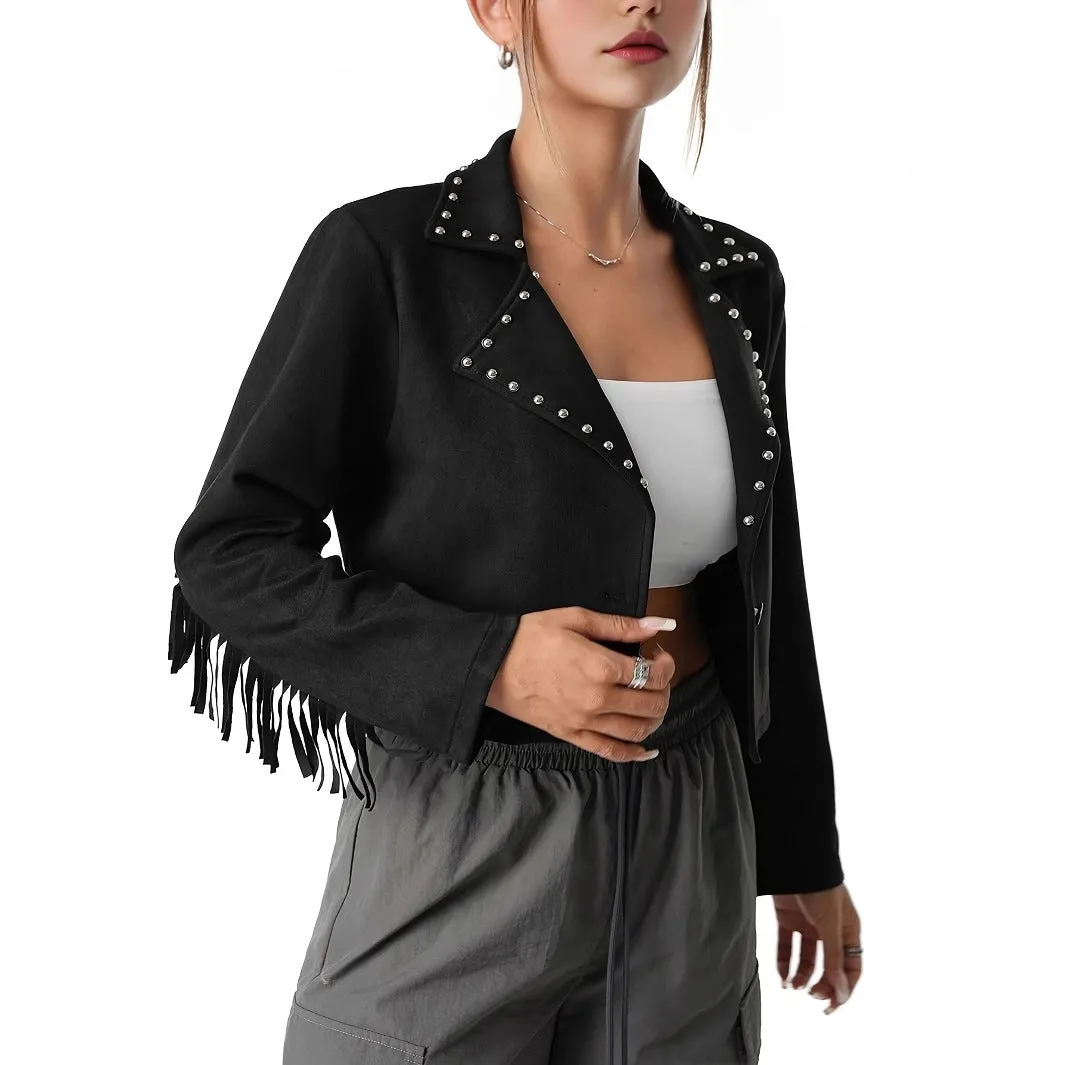 Western Denim Style Suede Fringe Imitation Rivet Women's Short Jacket sold by Beagle Boutique product image thumbnail 4