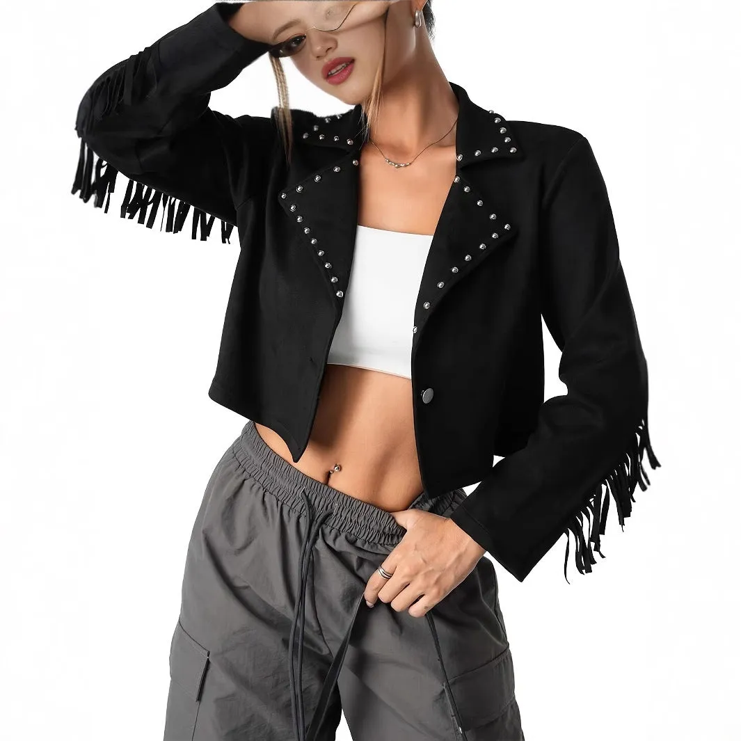 Western Denim Style Suede Fringe Imitation Rivet Women's Short Jacket sold by Beagle Boutique product image thumbnail 2