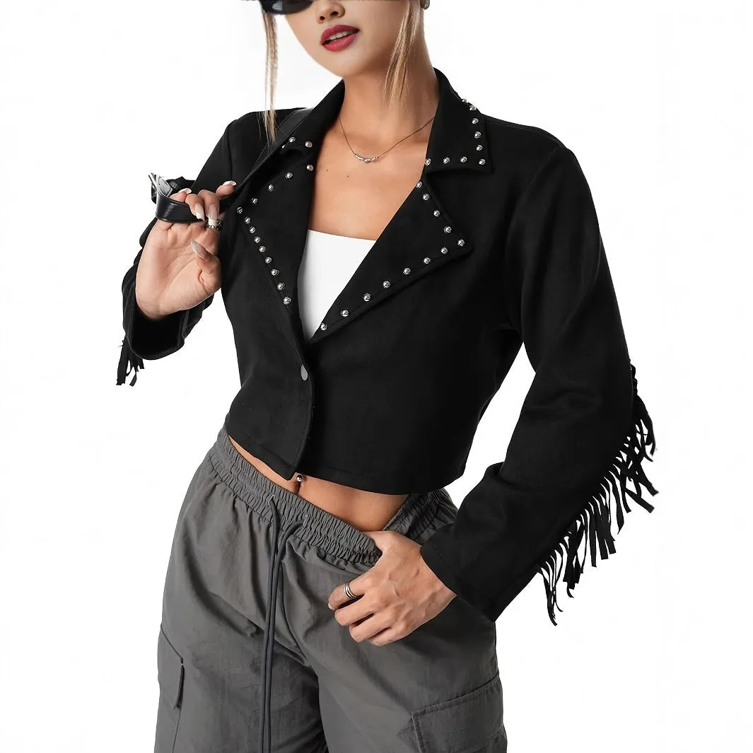 Western Denim Style Suede Fringe Imitation Rivet Women's Short Jacket sold by Beagle Boutique product image thumbnail 5