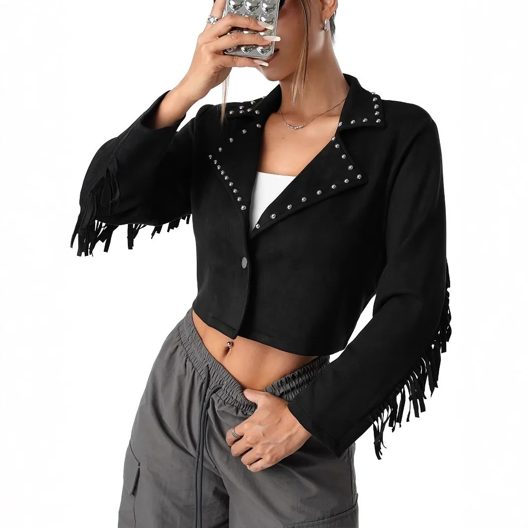 Western Denim Style Suede Fringe Imitation Rivet Women's Short Jacket sold by Beagle Boutique product image thumbnail 3