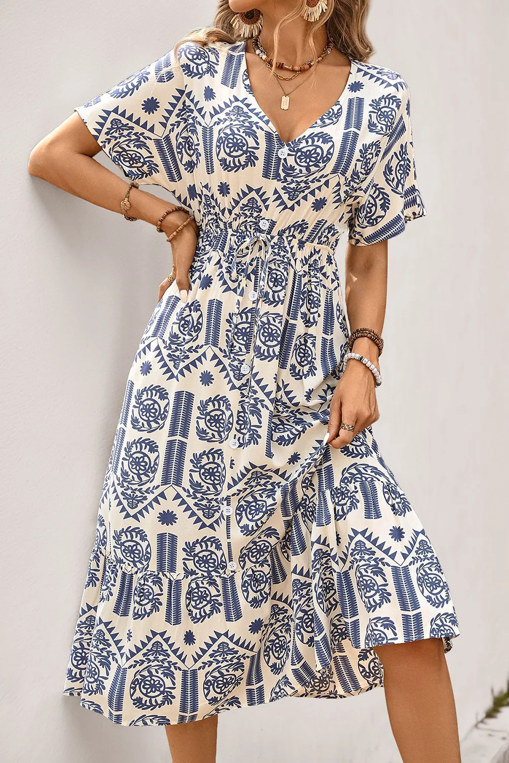 Ivy Abstract Print Bohemian V Neck Midi Dress sold by Beagle Boutique product image thumbnail 3