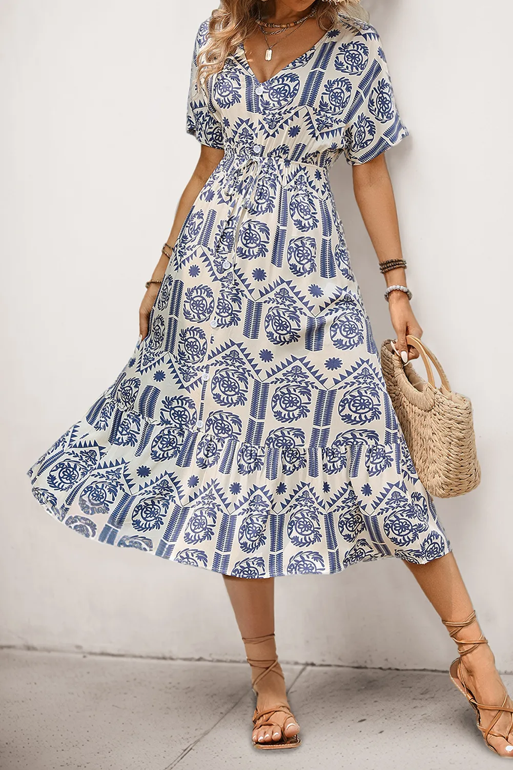 Ivy Abstract Print Bohemian V Neck Midi Dress sold by Beagle Boutique
