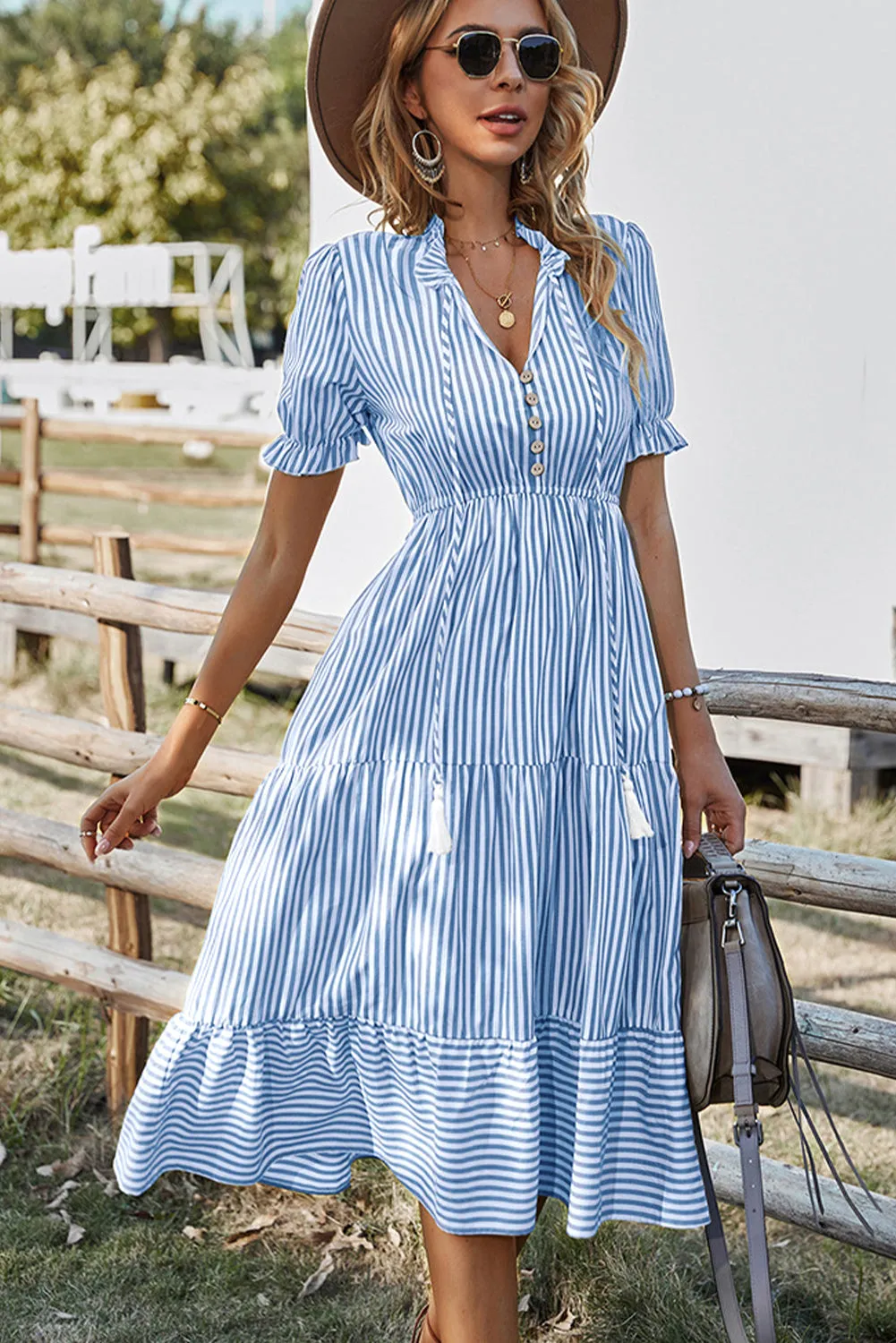 Sky Blue Stripe Button Tie Neck Midi Dress sold by Beagle Boutique product image thumbnail 4
