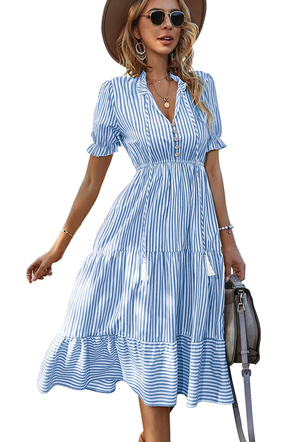 Sky Blue Stripe Button Tie Neck Midi Dress sold by Beagle Boutique product image thumbnail 5