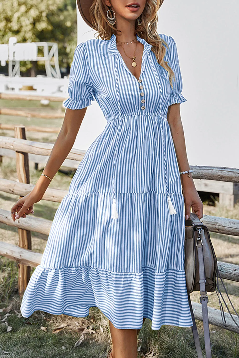 Sky Blue Stripe Button Tie Neck Midi Dress sold by Beagle Boutique