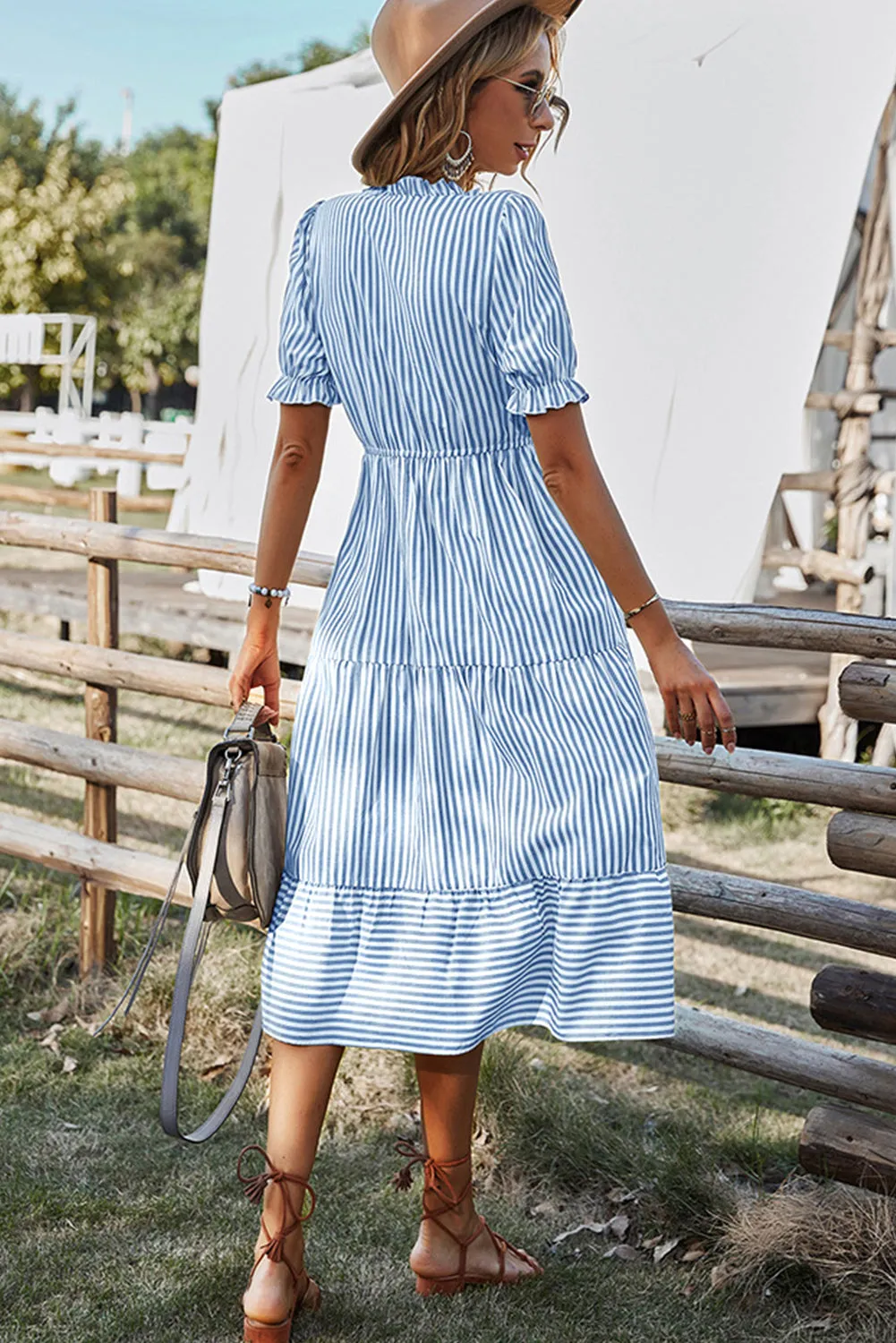 Sky Blue Stripe Button Tie Neck Midi Dress sold by Beagle Boutique product image thumbnail 2