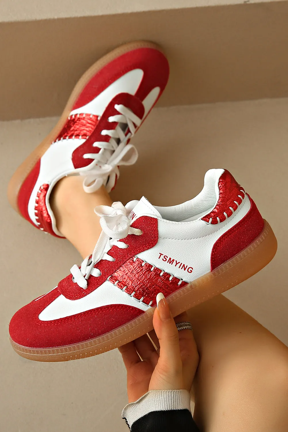 Fiery Red Colorblock Stitched Lace Up Sneakers sold by Beagle Boutique