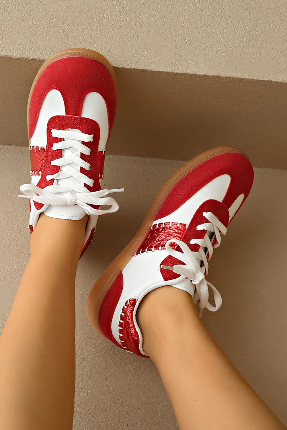 Fiery Red Colorblock Stitched Lace Up Sneakers sold by Beagle Boutique product image thumbnail 2