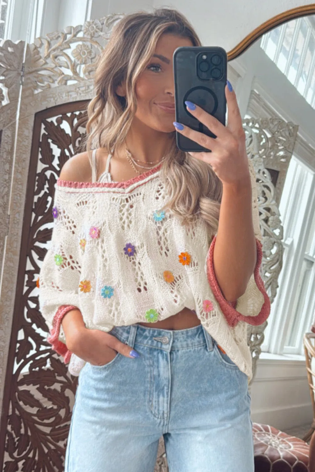 Delicacy Flowers Colorblock Edge Hollow Crochet Knit Top sold by Beagle Boutique product image thumbnail 3