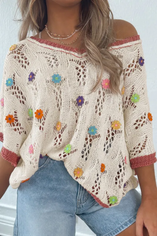 Delicacy Flowers Colorblock Edge Hollow Crochet Knit Top sold by Beagle Boutique