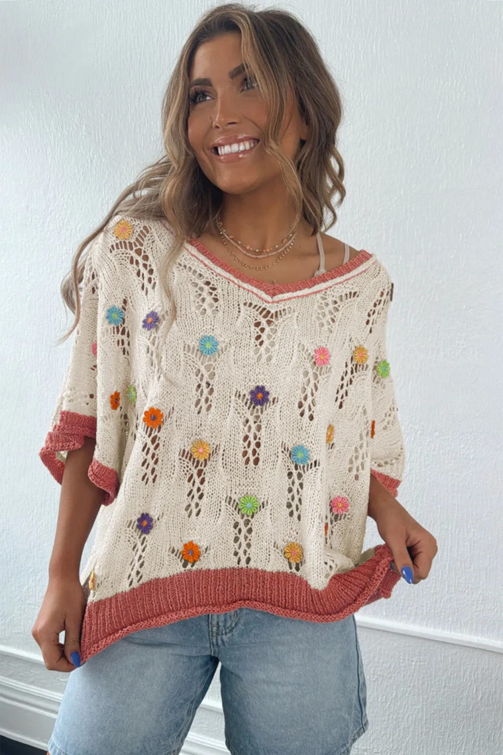 Delicacy Flowers Colorblock Edge Hollow Crochet Knit Top sold by Beagle Boutique product image thumbnail 5
