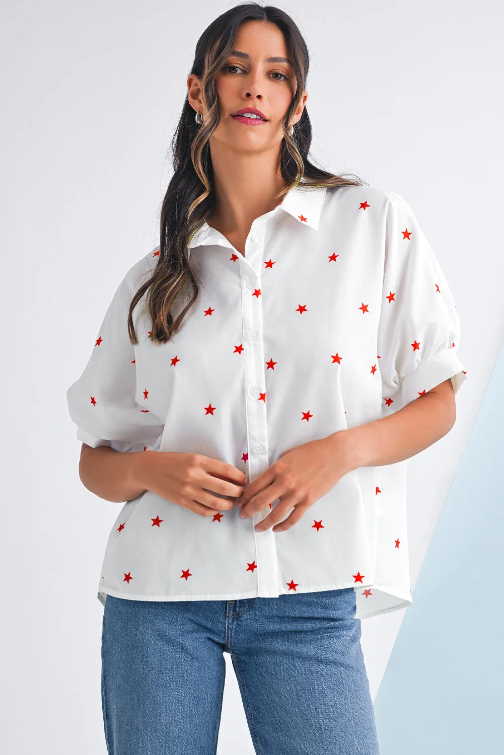 White Stars Half Puff Sleeve Loose Shirt sold by Beagle Boutique product image thumbnail 5