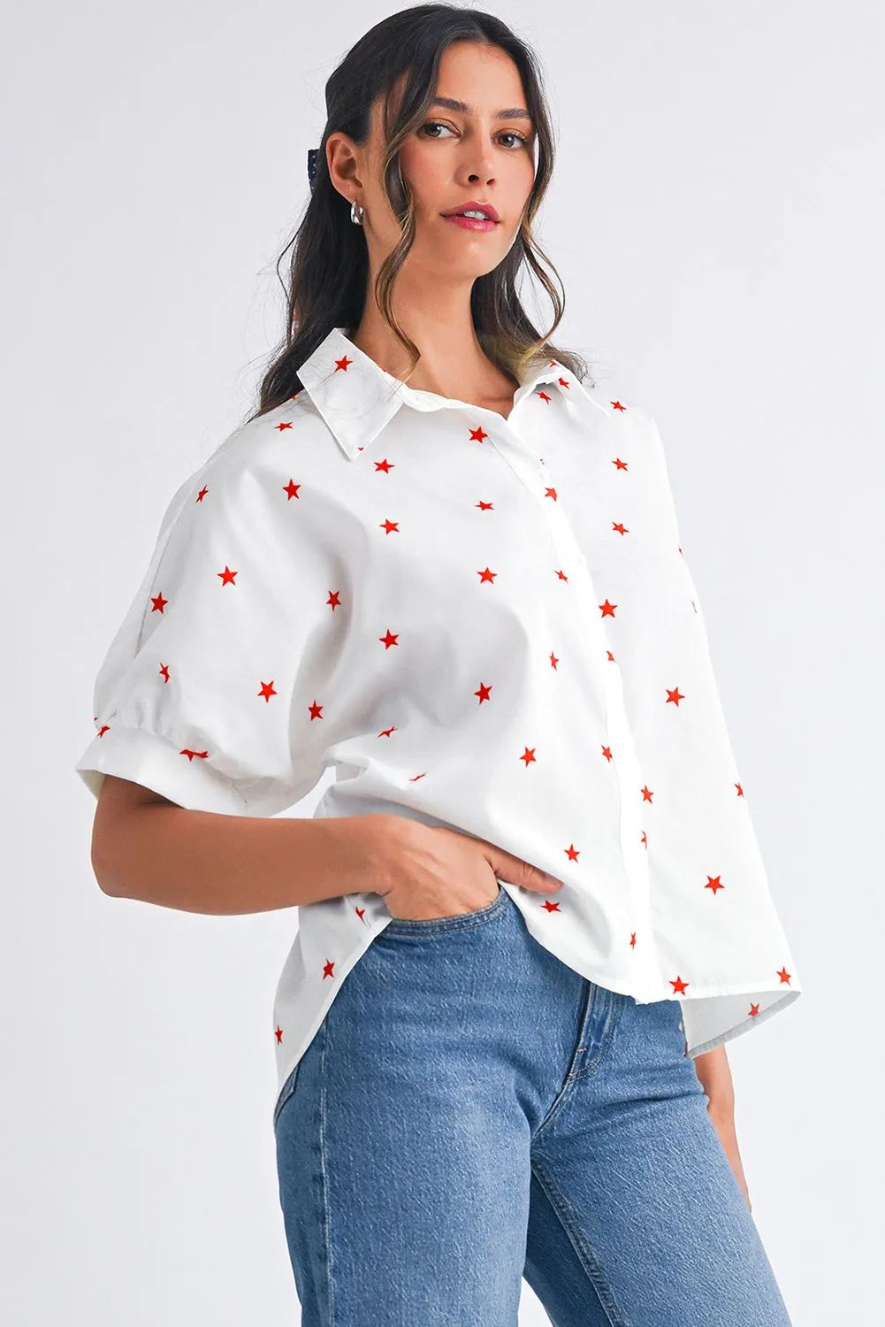 White Stars Half Puff Sleeve Loose Shirt sold by Beagle Boutique product image thumbnail 3