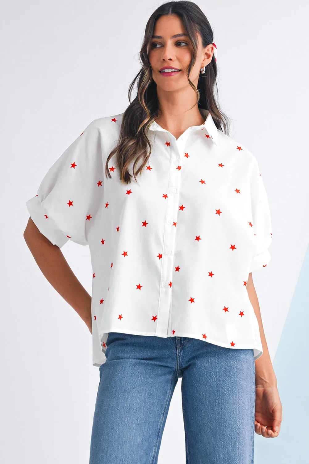 White Stars Half Puff Sleeve Loose Shirt sold by Beagle Boutique product image thumbnail 4