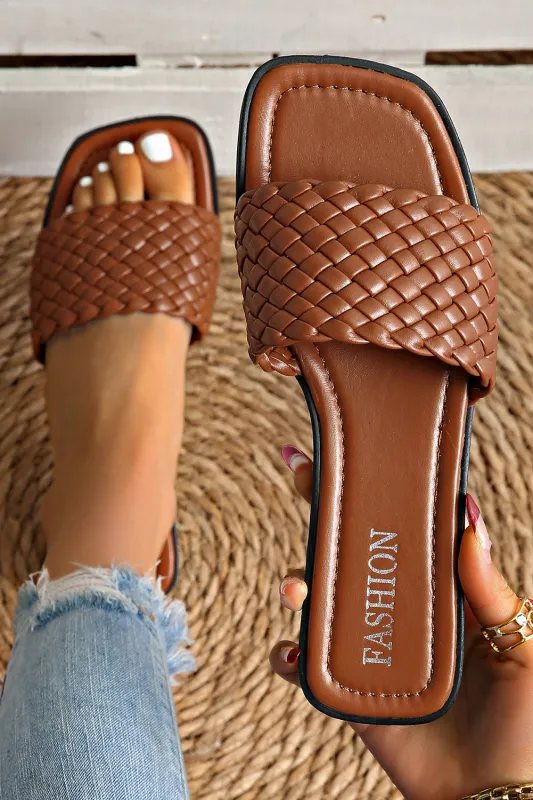 Coffee Braided Wide Band Square Toe Flat Sandals sold by Beagle Boutique