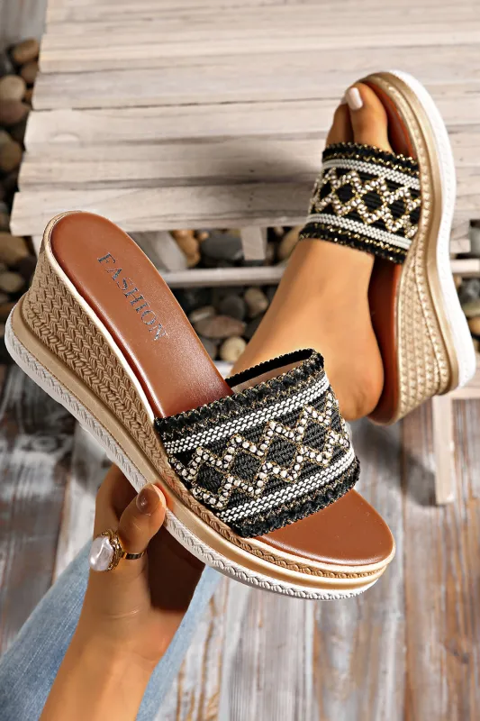 Black Woven Band PU Leather Wedge Sandals sold by Beagle Boutique