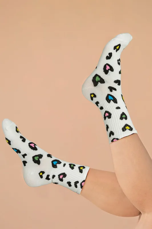 White Colorful Leopard Heart Print Socks sold by Beagle Boutique