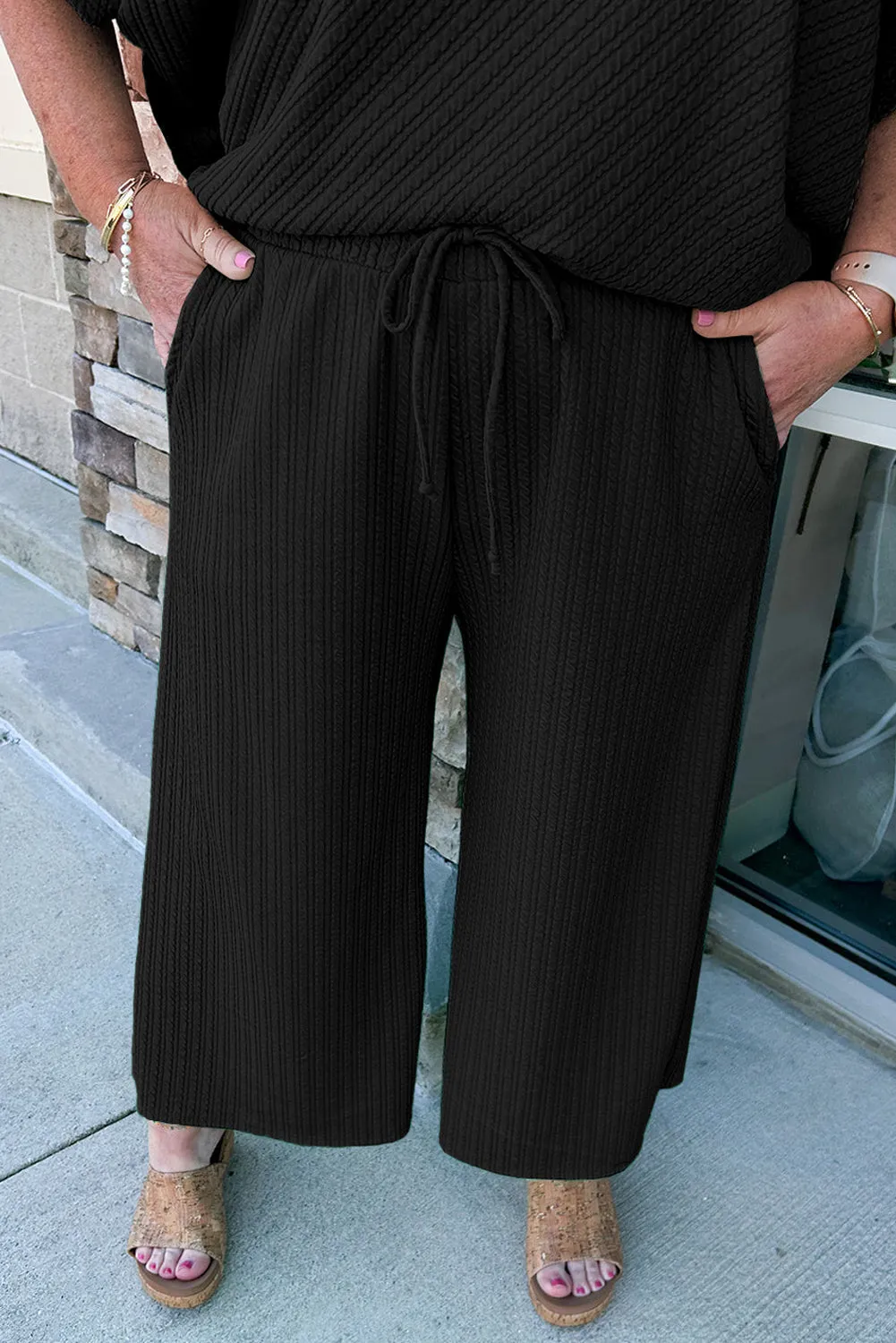 Black Textured Batwing Sleeve Tee Wide Leg Trousers Plus Size Set sold by Beagle Boutique product image thumbnail 4