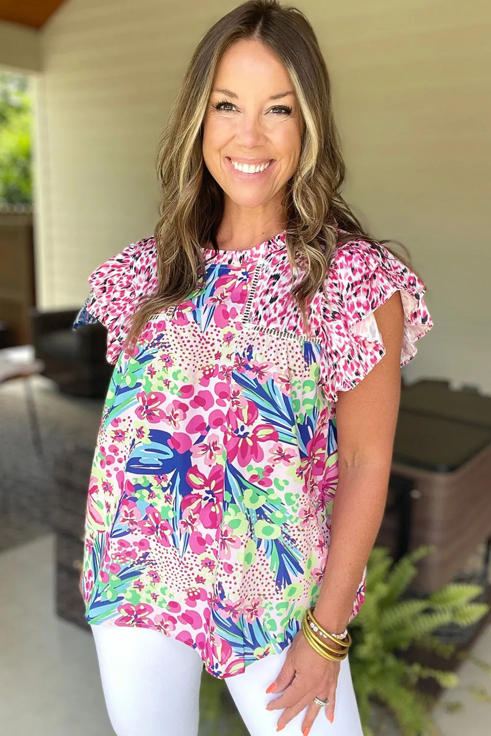 Pink Floral Mixed Print Ruffle Cap Sleeve Blouse sold by Beagle Boutique product image thumbnail 4