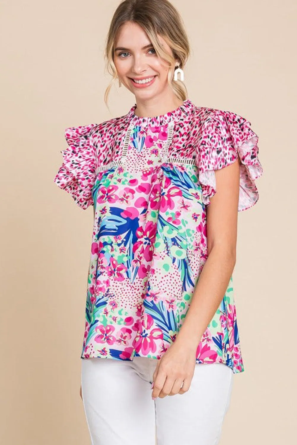 Pink Floral Mixed Print Ruffle Cap Sleeve Blouse sold by Beagle Boutique product image thumbnail 5