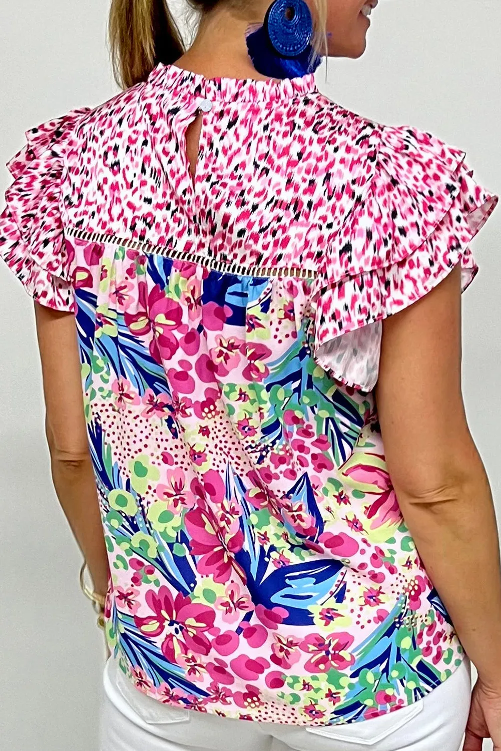 Pink Floral Mixed Print Ruffle Cap Sleeve Blouse sold by Beagle Boutique product image thumbnail 2