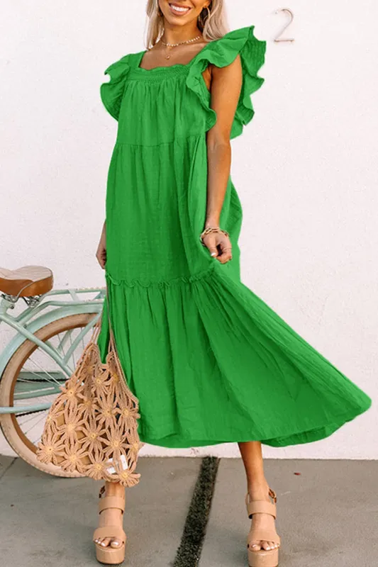 Green Ruffled Flutter Sleeve Square Neck Textured Tiered Maxi Dress sold by Beagle Boutique