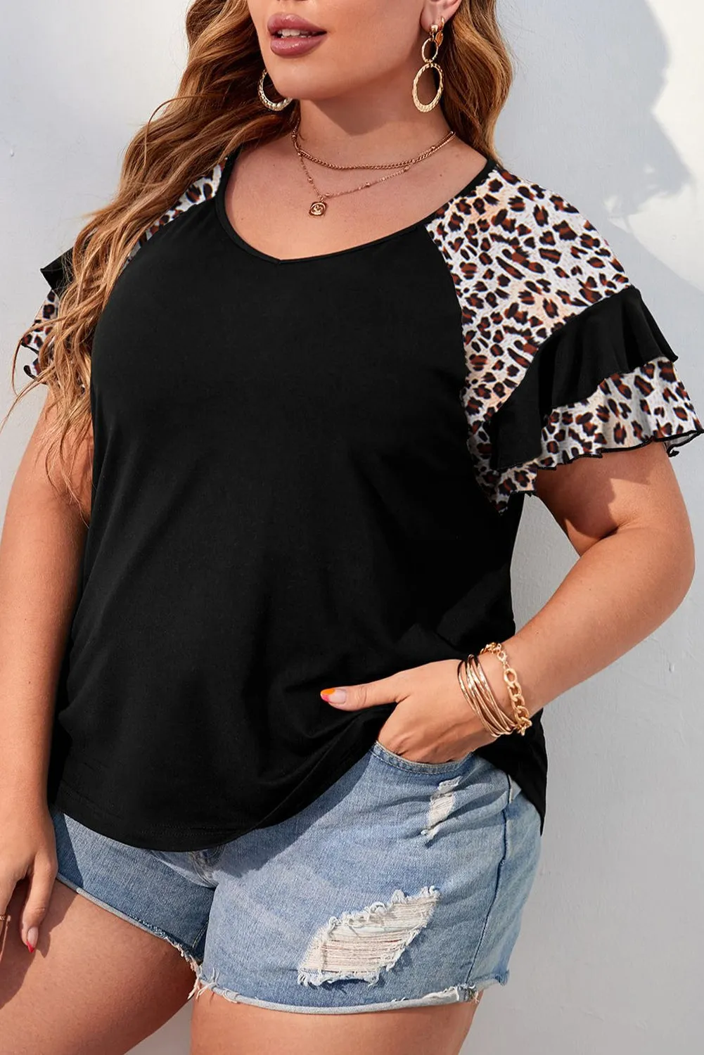 Black Leopard Ruffle Patchwork Sleeve Plus Size Summer Top sold by Beagle Boutique